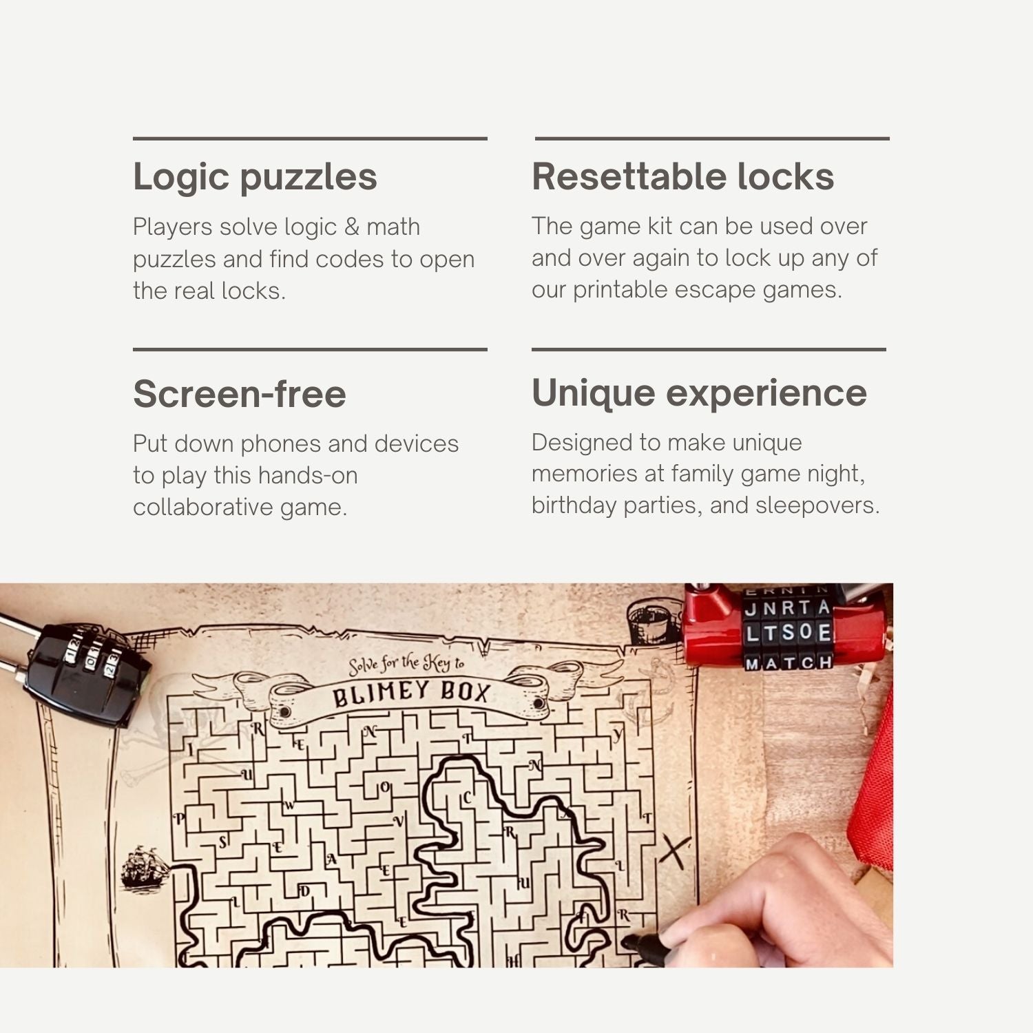 Logic Puzzles, Resettable locks, Screen-free, and a unique learning experience..